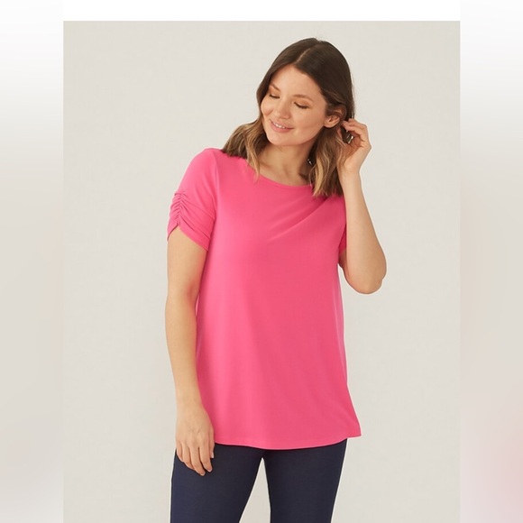 Kim & Co. Brazil Knit Short Ruched Sleeve Top - Picture 1 of 10